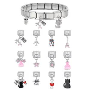 RENSINO New Creative Fashion Stainless Steel Heart Flower Cat Pendants Bracelet Italian Charm Bracelet Links Jewelry Charms Gift