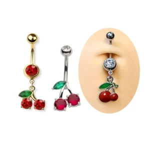 RENSINO New Crystal Cherry Belly Ring New Trendy Navel Piercing for Women Body Jewelry Surgical Steel Piercing
