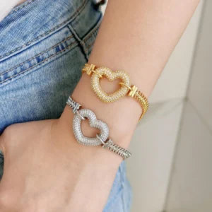 RENSINO New Design 18K Gold Silver Plated Fashion Bracelet Set Full Zircon Diamond Heart Charm for Women