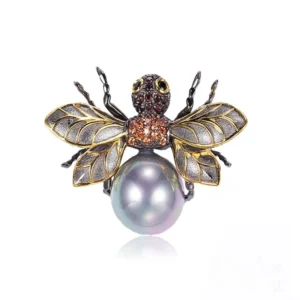 RENSINO New Design 925 Sterling Silver Gold Plated Bee Brooch with Pearl for Women
