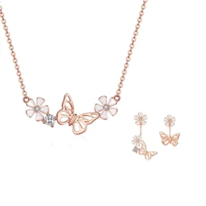 RENSINO New Design Charming S925 Silver Rose Gold Plating Butterfly with Flowers Necklace Earrings Jewelry Set for Women