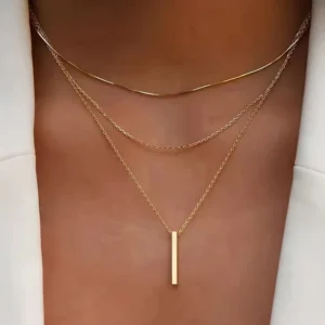 RENSINO New Design Fashion Jewelry Layered 18k Gold Plated Silver Stainless Steel Three Layer Rectangular Bar Necklace Pendant