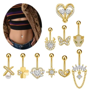 RENSINO New Design Gold Plated Butterfly Leopard Belly Button Navel Rings Stainless Steel CZ Dangling Cute Body Piercing Gift