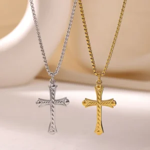 RENSINO New Design Gold Plated Stainless Steel Necklace Zircon Religious Necklace Cross Pendant Necklace for Women and Men