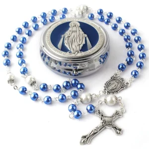 RENSINO New Design Handmade Religious Glass Pearl Beads Cross Rosary Necklace High end Gift Box Set Rosary Necklace