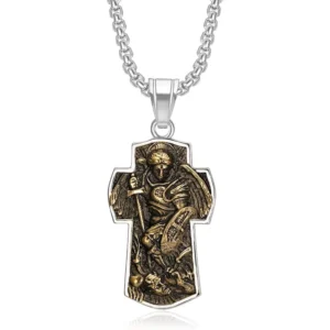 RENSINO New Design Religious Jewelry Stainless Steel 18K PVD Gold Plated Archangel St. Michael Cross Pendant Necklace