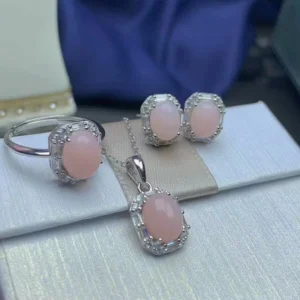 RENSINO New Design Samoan 925 Sterling Silver Gold Chunky Natural Pink Opal Pendant Ring Earrings Jewelry Set for Party Engagement