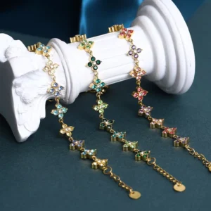 RENSINO New Design Trendy Plant Bracelet Bulk DIY European American French Light Luxury Stainless Steel Inlaid Color Zircon