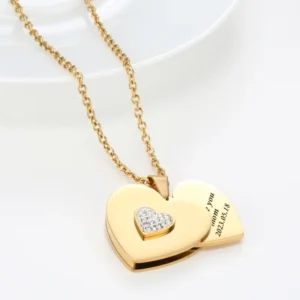 RENSINO New Double Heart Pendant Necklace 2pcs Customized Logo Opened Photo Engraving Locket Zircon Necklaces for Women Girls Best Gift