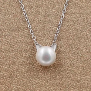 RENSINO New Fashion 925 Silver Cute Cat Pearl Necklace Sterling Silver Cat Charm Necklace for Women