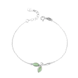 RENSINO New Fashion 925 Sterling Silver Bracelet Green Leaves Design with Rhodium Plating Simple Personality Sweet Bracelets for Gift
