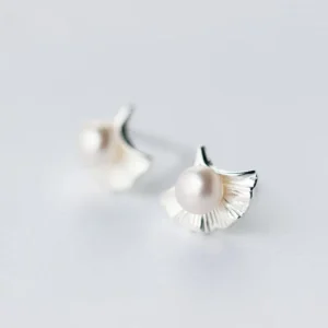 RENSINO New Fashion 925 Sterling Silver Pearl Ginkgo Leaf Stud Earrings Girls Birthday Gifts Jewelry