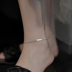 RENSINO New Fashion 925 Sterling Silver Smooth Surface Bar Pedant Cuban Chain Anklet for Women