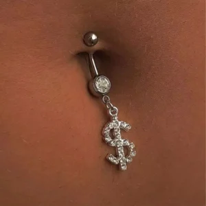 RENSINO New Fashion Crystal Dollar Sign Belly Button Ring 316L Stainless Steel CZ Dangle Navel Ring