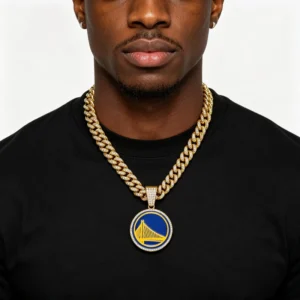 RENSINO New Fashion HipHop Pendant Gold Plated Crystal Iced Out Golden State Warriors Charm Necklace Cuban Chain Basketball Team Jewelry