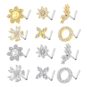RENSINO New Fashion Jewelry Flower Nose Studs Stainless Steel Gold Plated Zircon L Shaped Body Jewelry for Women