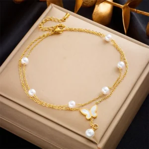 RENSINO New Fashion Jewelry Non Tarnish 18k Gold Plated Pearl Butterfly Stainless Steel Anklets