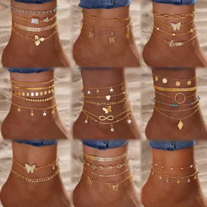 RENSINO New Fashion Love Gold Plated Cuban Chain Zircon Star Butterfly Letter Anklet Set
