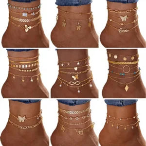RENSINO New Fashion Love Gold Plated Cuban Chain Zircon Star Butterfly Letter Anklet Set