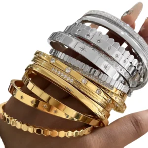 RENSINO New Fashion Modern Gold Plated Colorful Cubic Zircon Water Resistant Cuff Bangles for Gifts Valentine