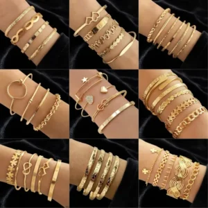 RENSINO New Fashion Punk Style 6pcs Gold Metal Geometric Love Letter Heart Open Charm Bangle Bracelet Set for Women Jewelry