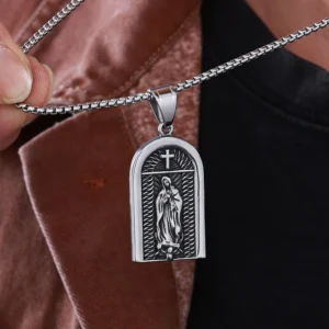 RENSINO New Fashion Religious Necklace Stainless Steel Virgin Mary Pendant Necklace Protection Amulet Jewelry for Men Women