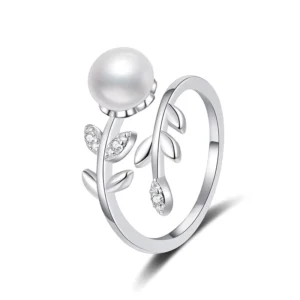 RENSINO New French Vintage Fashion Jewelry Cubic Zirconia Leaf Freshwater Natural Pearls Open Size S925 Silver Ring for Ladies Women