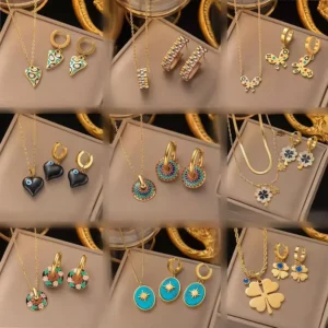 RENSINO New High End Stainless Steel Necklace Earring Jewelry Set Oil Colored Plant Jewelry Set For Women