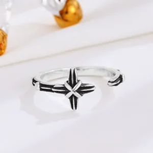 RENSINO New High Jewelry S925 Sterling Silver Vintage Cross Open Ring Fashion Style S925 Silver Men Resizable Ring