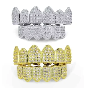 RENSINO New Hip Hop Fine Grillz Teeth Gold Silver Plated Zircon Body Jewelry for Women and Men Vampire Style