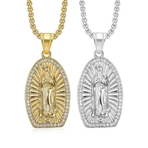 RENSINO New Hip Hop Religious Jewelry Stainless Steel 18K Gold Plated Rhinestone Virgin Mary Pendant Necklace for Men Women