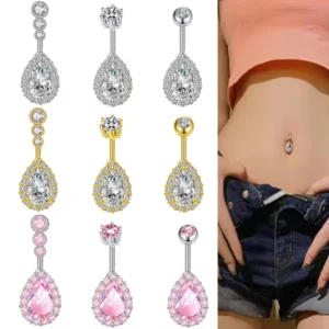 RENSINO New Micro Inlaid Zircon Stainless Steel Teardrop Shaped Navel Ring Piercing Jewelry for Unisex European American Sexy