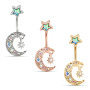 RENSINO New Moon Star Belly Button Ring Gold Plated Stainless Steel Body Jewelry for Ladies Party Fashion Piercing Jewelry