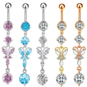 RENSINO New Stainless Steel Belly Ring Butterfly Zircon Pendant Navel Nail Summer Party Belly Piercing Navel Button Accessories
