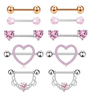RENSINO New Stainless Steel Heart shaped Zircon Barbell Nipple Ring Sexy Women’s Body Piercing Nipple Nail Set