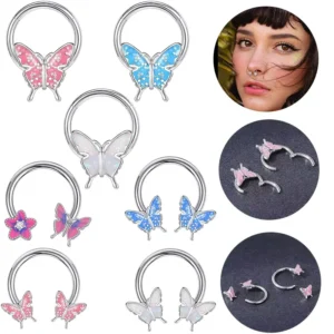 RENSINO New Stainless Steel Silver Plated Body Jewelry Women Dripping butterfly Nose Ring Glitter Closing Ring C shaped Earrings