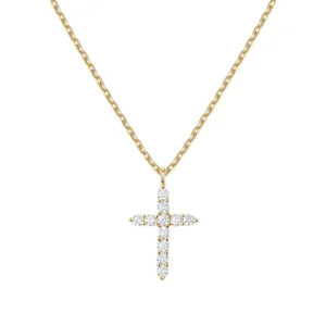 RENSINO New Style 925 Sterling Silver 14K Gold Plating Diamonds Paved Cross Pendant Necklace for Gift
