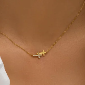 RENSINO New Style 925 Sterling Silver Gold Plating Diamond Cross Pendant Necklace for Religious Cross Necklace Gift