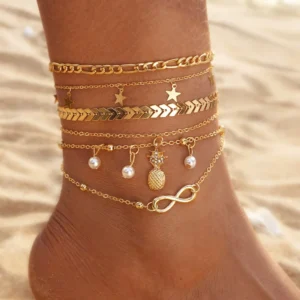 RENSINO New Style Bohemia Charm Chain Ankle Bracelet on Leg Foot Jewelry Pineapple Star Pendant Anklet Set Women Accessories