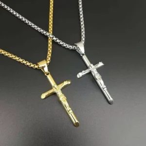 RENSINO New Style Simple Design Jesus Religious Silver 18k Gold Plated Mens Cross Stainless Steel Pendant Necklace