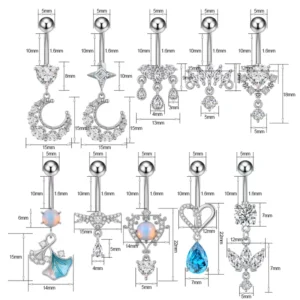 RENSINO New Style Stainless Steel Zircon Heart Cute Style Free Custom Navel Belly Button Rings Belly Bars Body Piercing Jewelry