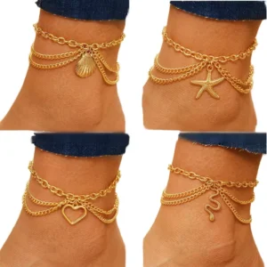 RENSINO New Summer Beach Snake Foot Chain Fashion Gold Color Love Shell Starfish Anklet Set for Women Jewelry