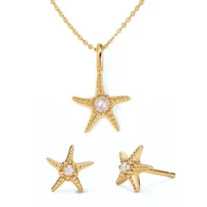 RENSINO New Trending Fashion Beach Jewelry S925 Pendants Gold Plated Earring Starfish Studs and Necklace Set