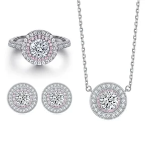 RENSINO New Trendy Cubic Zircon Prong Setting Round Pink Halo 925 Sterling Silver Jewelry Set