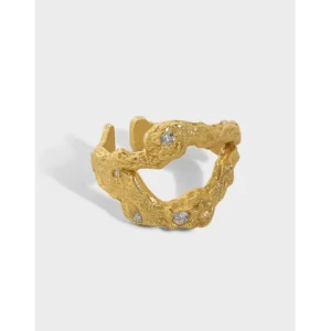 RENSINO New Trendy S925 Sterling Silver Textured Minimalist Chunky Rings 18K Gold Irregular Geometric Rings