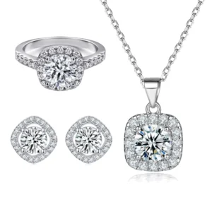 RENSINO New Trendy Weeding Engagement Ring Earrings Necklace Antique Simple 925 Silver White Gold Plated Zircon Jewelry Set