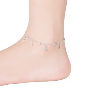 RENSINO New Women’s Silver Toe Anklet Korean Style Fashion Simple Tassel Leaf Pattern Double Layer Bracelet Jewelry