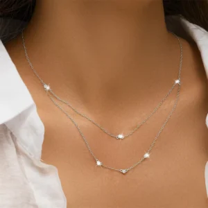 RENSINO Newest Model 925 Sterling Silver Zircon Double Layer Chain Necklace for Little Girls Gift