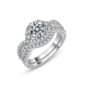 RENSINO Nickel Free GRA Certified Pav Twist Shank Halo Moissanite Bridal Stack Set S925 Sterling Silver D E VS1 Proposal Ring