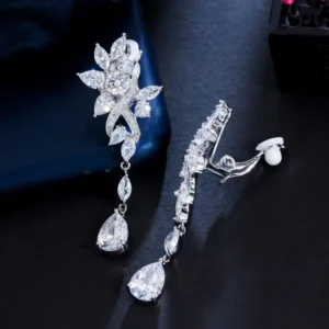 RENSINO No Ear Hole Style Cubic Zircon Flower Drop Wedding Bridal Party Long Clip on Earrings Without Piercing for Women Jewelry